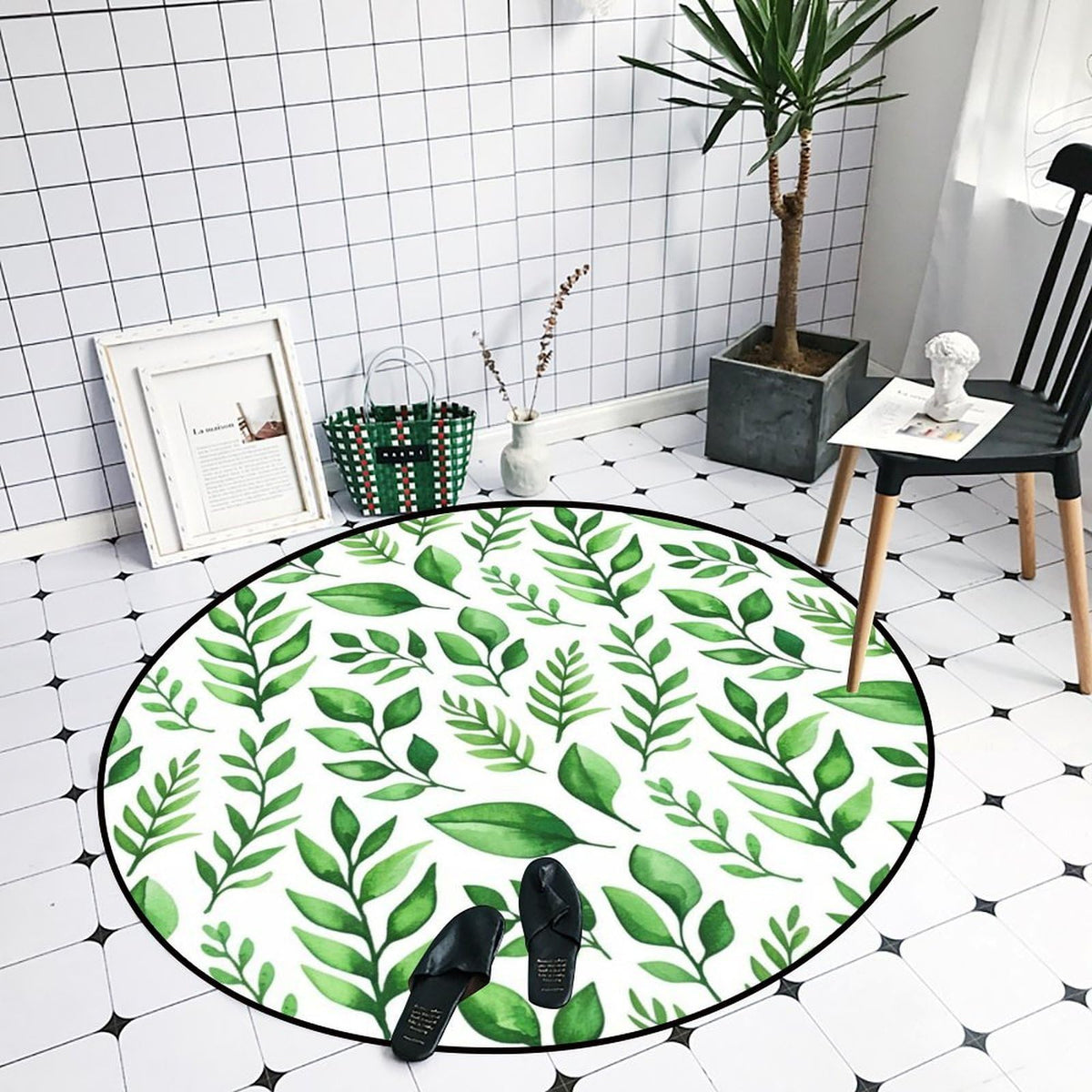 Round Area Rugs 3 FT Washable Non Slip Circle Rug (Green Leaves / 3' (Round))