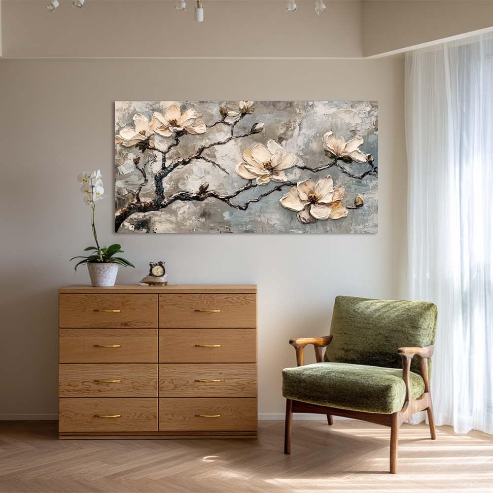 White Magnolia Canvas Wall Art Floral Branch Painting Grey Abstract Faux Texture Flat Print Gallery Wrapped Artwork for Living Room Bedroom Bathroom Decor (Bohemian / White Magnolia Blossoms 4 / 46"L x 23"W)