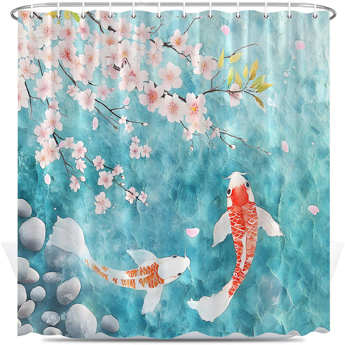 Japanese Fish Shower Curtain Pink Cherry Blossom Asian Floral Blue Lake Animal Zen Garden Nature Abstract Art Bathroom Decor Set Polyester Fabric with Hooks 60X70 Inch (Blue Pink / 60.00" × 70.00" Inch)