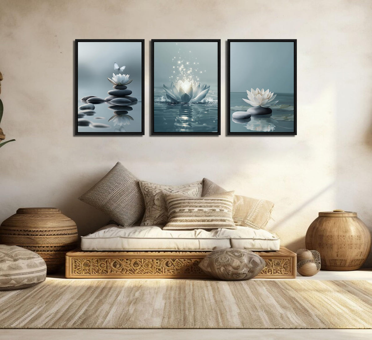 3Pcs Framed Zen Stones Lotus Spa Canvas Wall Art White Lotus Blooming on Stones Painting Picture Wall Decor Modern Spiritual Poster Print Artwork for Yoga Spa Meditation Spiritual Room Home Decoration (Framed / 24L" x 16W")