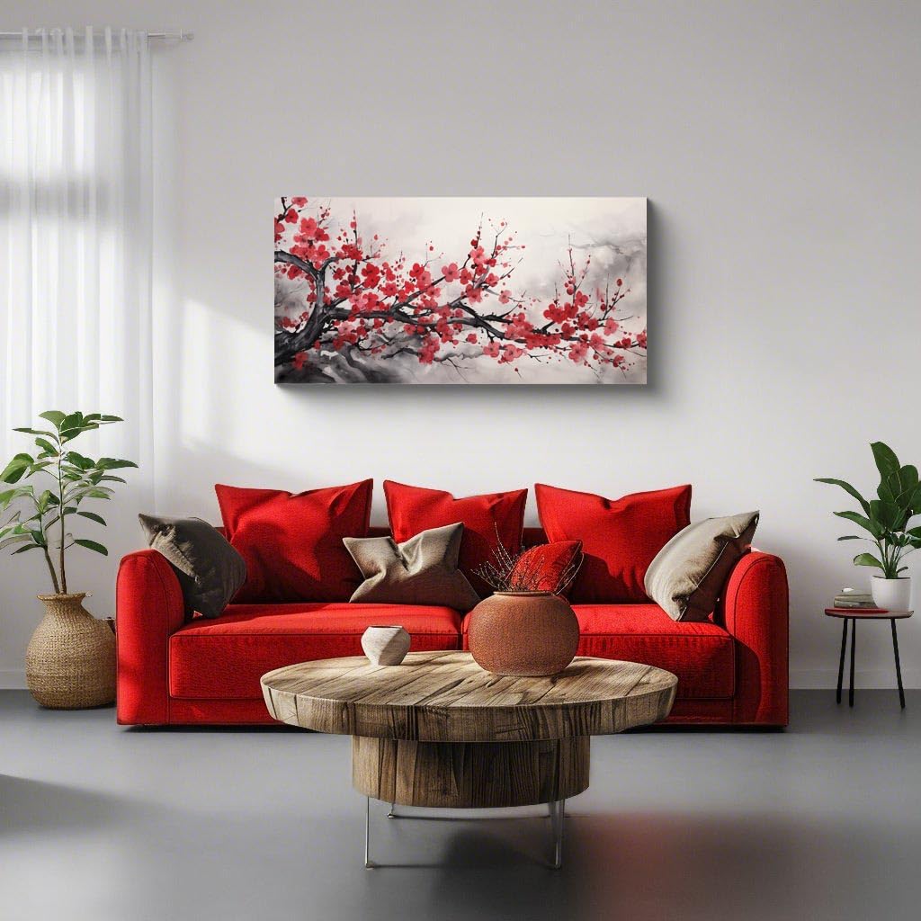 Asian Wall Art Traditional Chinese Decor Oriental Red Cherry Plum Blossom Canvas Pictures for Wall Decor for Living Room Landscape Artwork Framed Ready to Hang (Red-One Piece-1 / 32"L x 16"W)