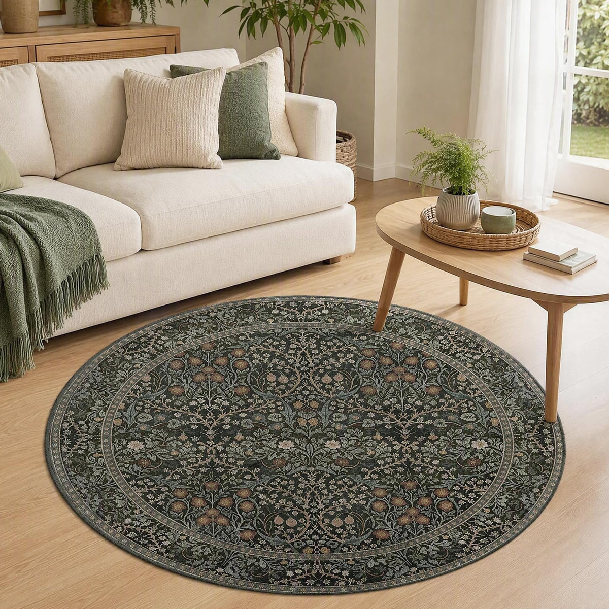 Dark Green Floral Round Area Rug 4ft (Daily-dark Green / 4' (Round))