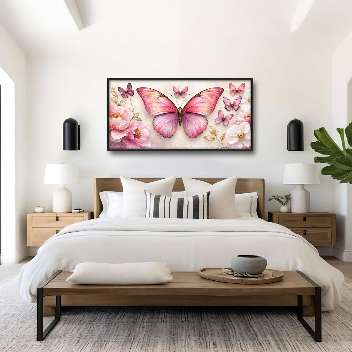 Pink Butterfly Large Wall Art Floral Flower Wall Decor Canvas Framed Pictures Painting Artwork For Living Room Bedroom Office 30"X60" (Pink Butterfly / 60"L x 30"W)