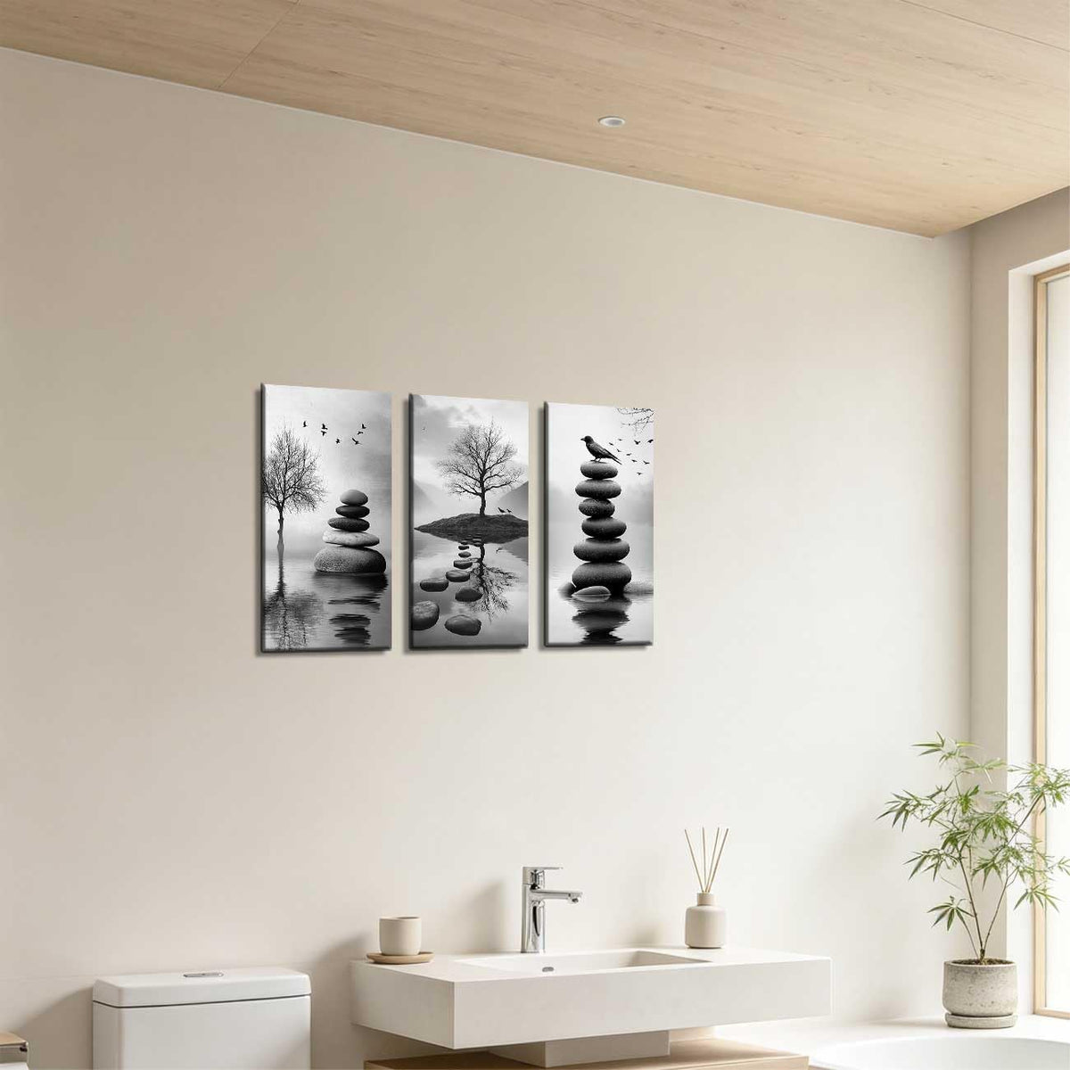 Set of 3 Black White Zen Bathroom Canvas Wall Art Prints Zen Stones in the Water Pictures White Lotus Poster Yoga Meditation Artwork Spa Room Decor (Gray / 28x14inx3 Pieces)