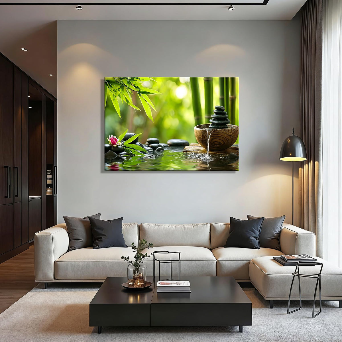 Serene Bamboo Wall Decor with Flowing Water and Stacked Stones (Pictures11 / 18"L x 12"W)
