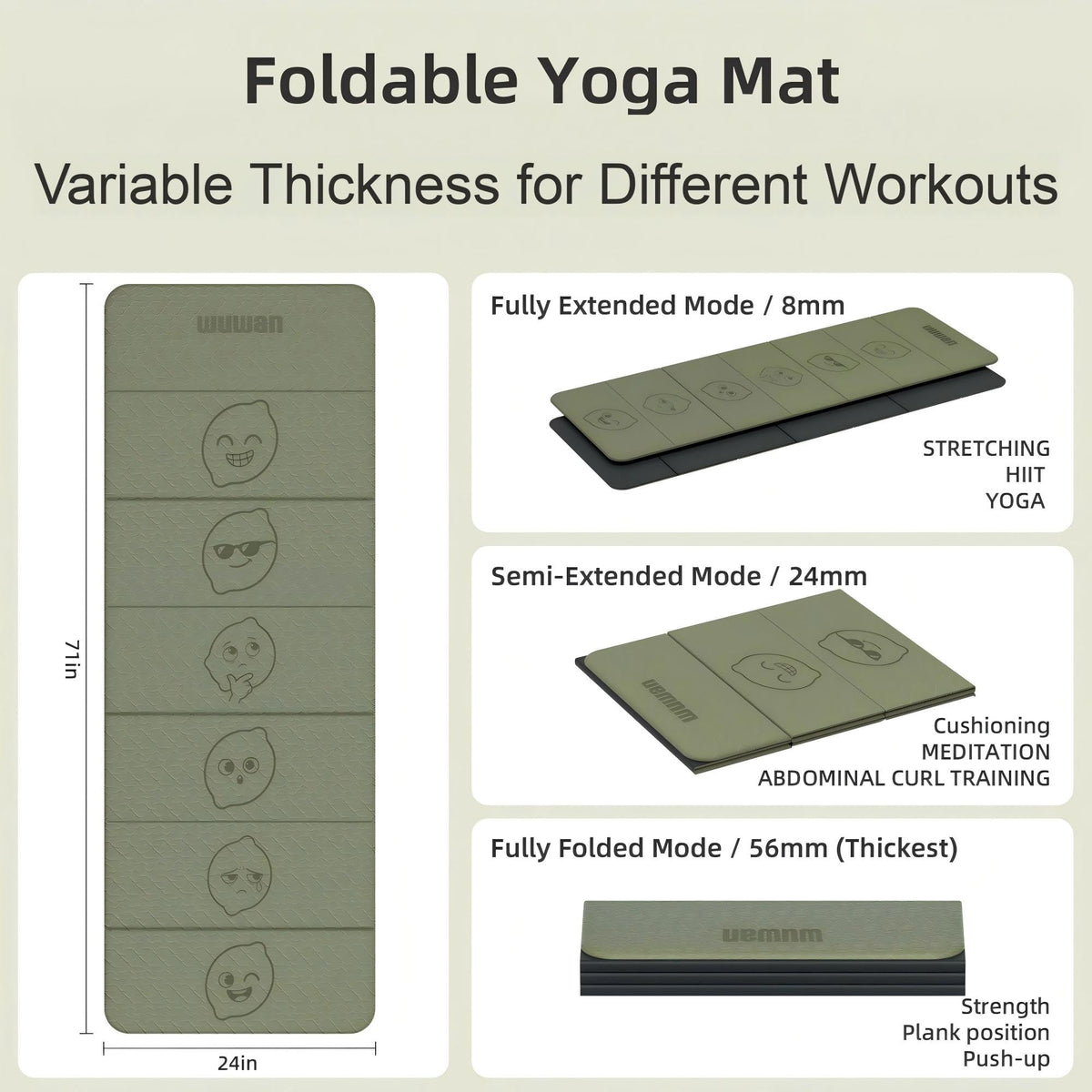TPE Yoga Mat Foldable 8mm Thick Light Non (Green+Black)