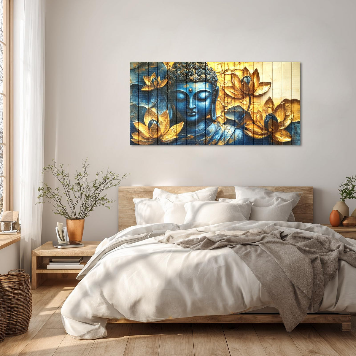 Vintage Buddha Wall Art Zen Lotus Flowers Canvas Ribbon Pictures Inspirational Wall Decor Handmade 3D Woven Textured for Buddhism Room Bathroom Bedroom Living Room Home Decor 20" x 40" (Gold / 40"L x 20"W)