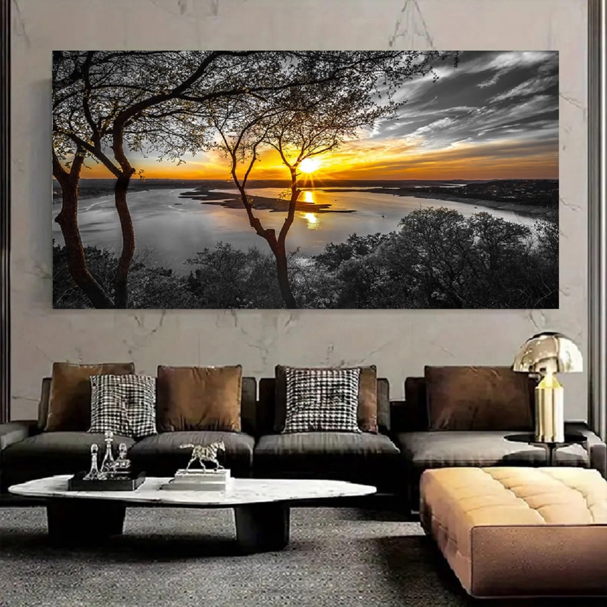 Large Wall Art Living Room Black and White Landscape Tree Canvas Wall Art Lake Print Art Forest Gold Sunset Poster Picture Natural Scenery Painting Bedroom Wall Decor Home Office Decorations (black white LS / 60"L x 30"W)