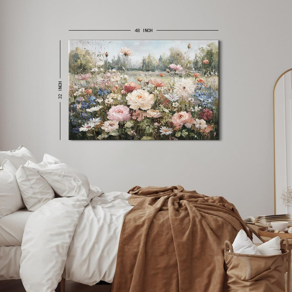 Flowers Wall Art Pink Roses Canvas Prints Painting Colorful Wildflowers Canvas Pictures Farmhouse Floral Landscape Wall Decor Botanical Artwork for Bedroom Bathroom Home Office Decorations 32x48" (48"L x 32"W / Pink Flower)
