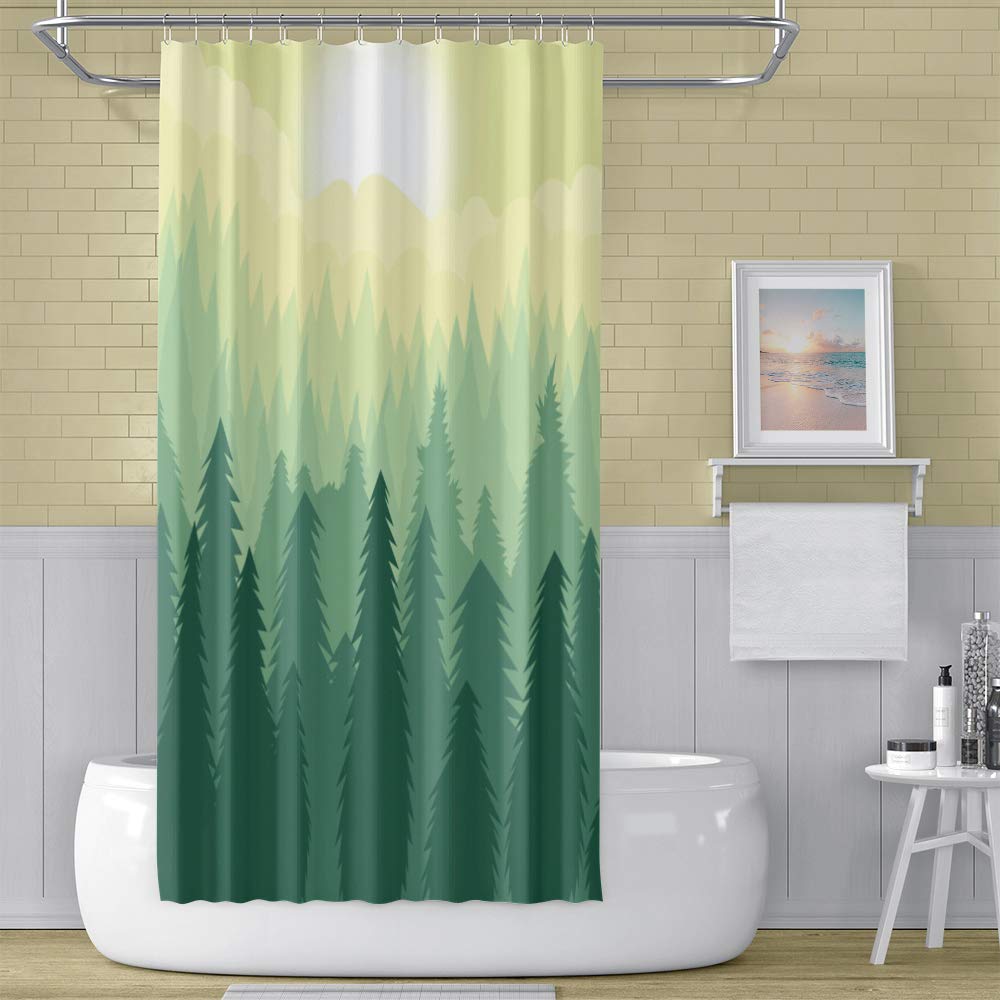 72x96inch Misty Forest Shower Curtains Sunshine Cartoon Pine Tree Fantasy Woodland Rustic Landscape Print Farm Fantasy Fog Bath Curtain Cloth Fabric Polyester Bathroom Decor with Hooks (72"W x 96"L (Pack of 1) / Green)