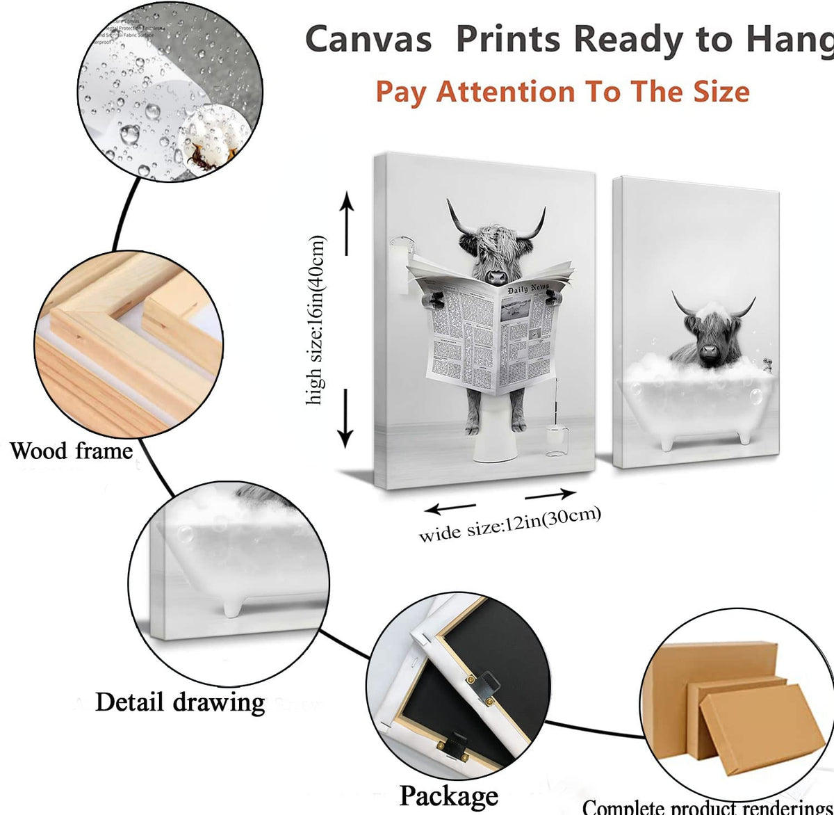 Funny Highland Cow Bathroom Wall Art Farmhouse Animal Canvas Prints Decor (cow wall art / 16"L x 12"W)