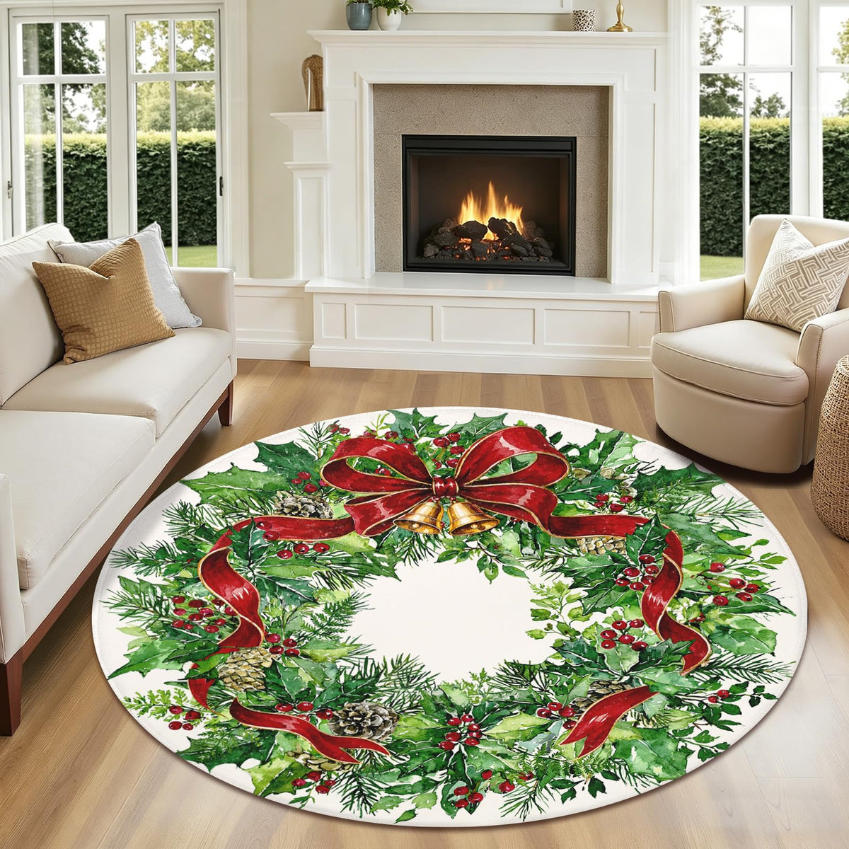 Christmas Round Area Rug 4ft (Gift-green Leaves / 4' (Round))