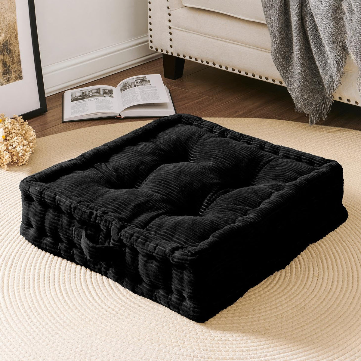 Square Floor Pillows for Adults Kids (Black / 1 Pack (20"x20"))