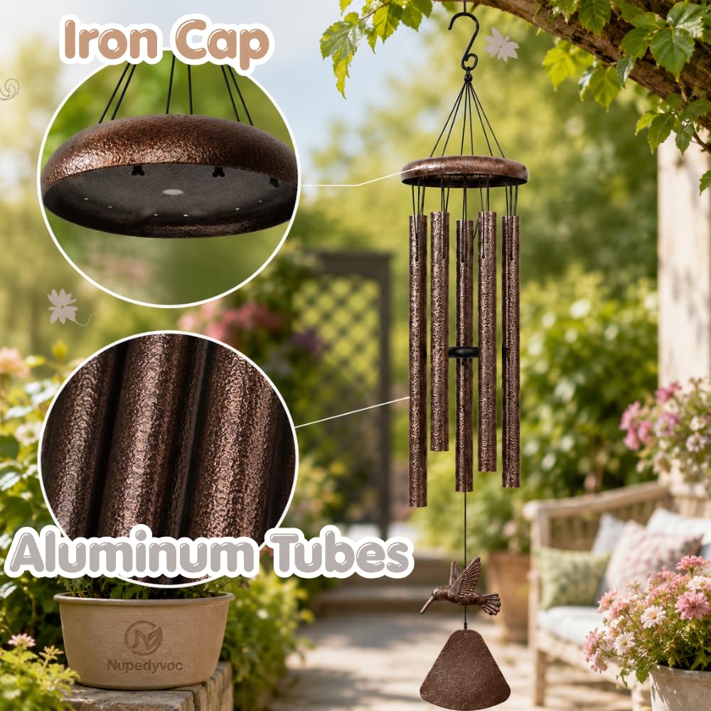 32” Large Matte Antique Bronze Hummingbird Aluminum Wind Chimes with Iron Cap for Outside (Matte Antique Bronze Hummingbird Aluminum Wind Chimes With Iron Cap)