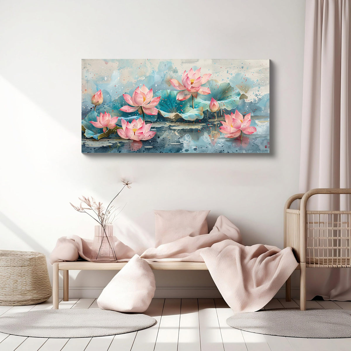 1Pcs Vintage Pink Lotus Flowers Watercolor Canvas Wall Art Print Serene Pond Scenery Blooming Lotuses Teal Leaves Color Splashes Tranquil Floral Nature Pictures for Home Decor Ready to Hang (Pink Lotus-One Piece / 24"L x 12"W)
