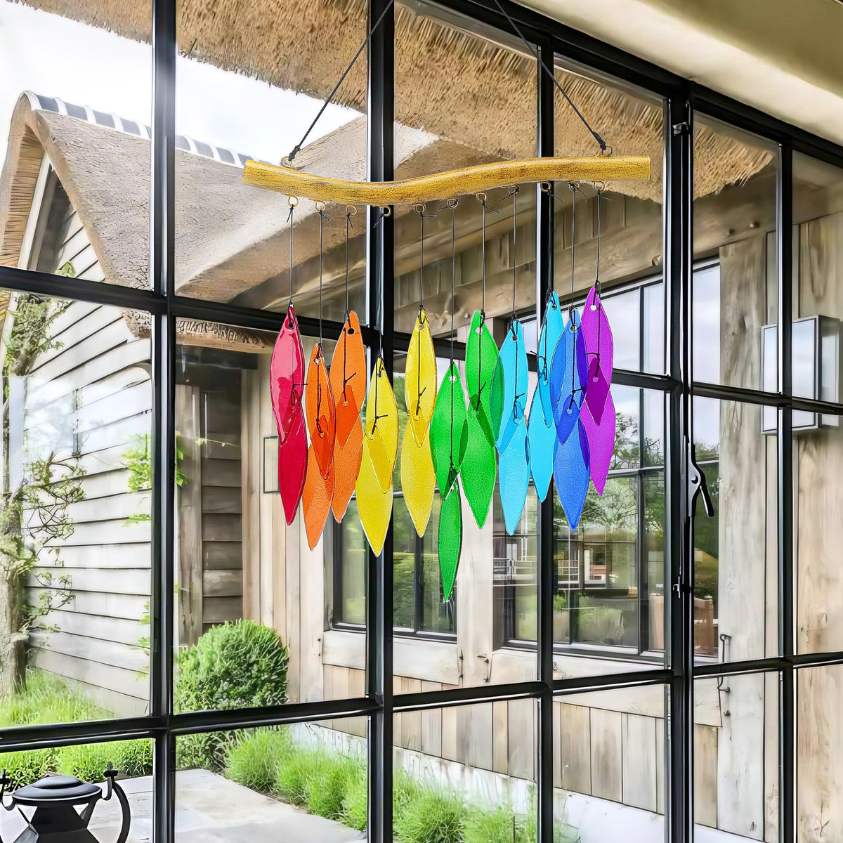 Rainbow Glass Leaf Wind Chimes Indoor Outdoor Garden Patio Decor (Red and Green)
