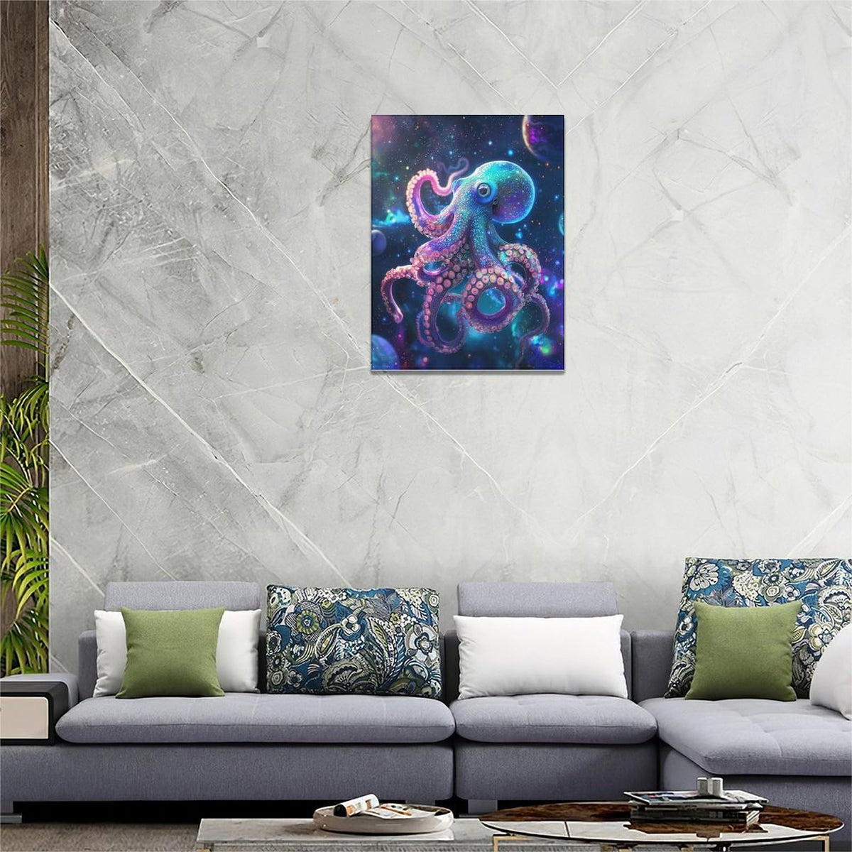 Octopus Galaxy Canvas Wall Art Octopus In Space Pictures Wall Decor Cool Poster Prints Painting Framed Artwork Modern Decoration for Bedroom Living Room Dining Room 12"x16" (16"L x 12"W / Octopus in Space)