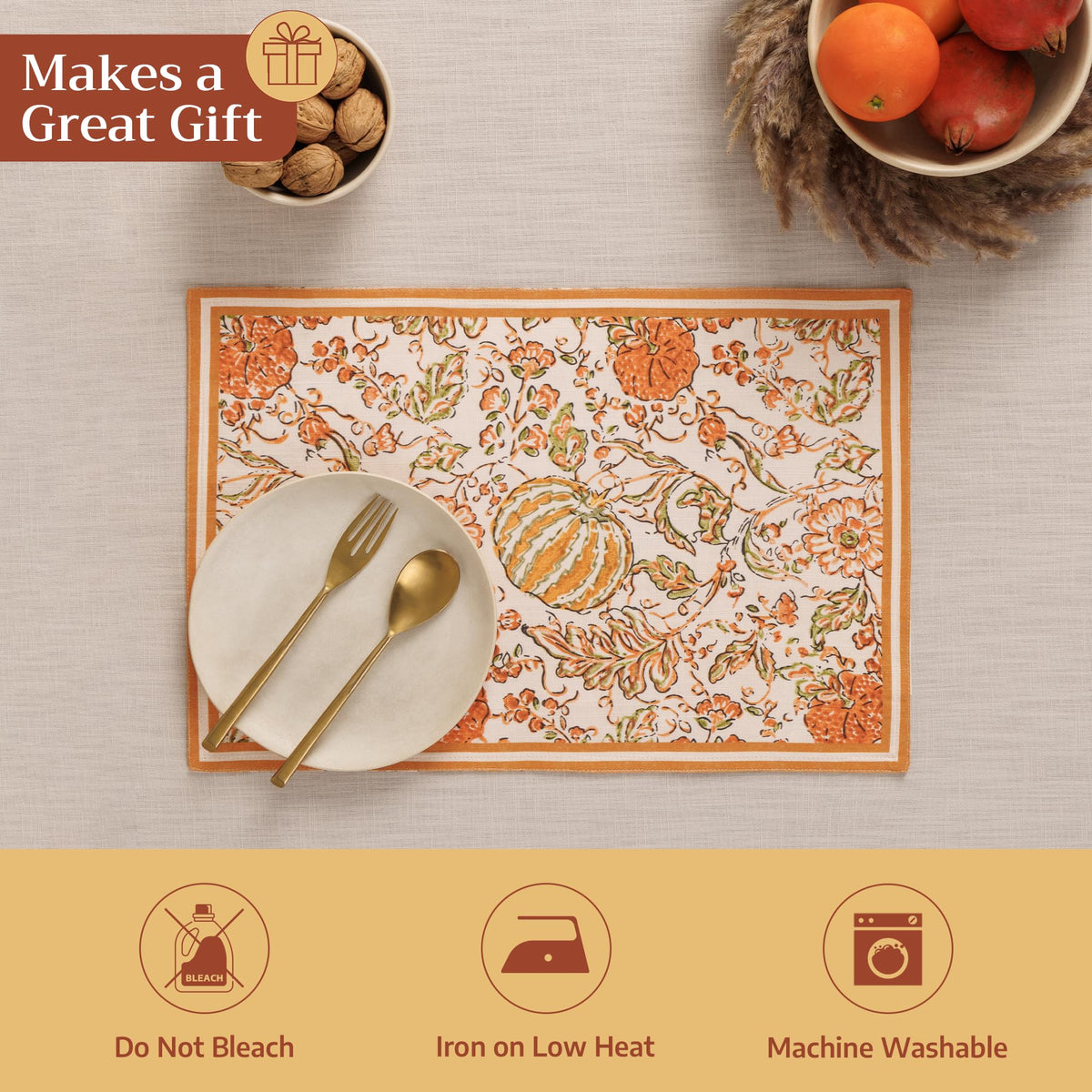 Placemats Set of 4 Reusable 100% Cotton (007 - Pumpkin Spice / 13" X 19" (Pack of 4))