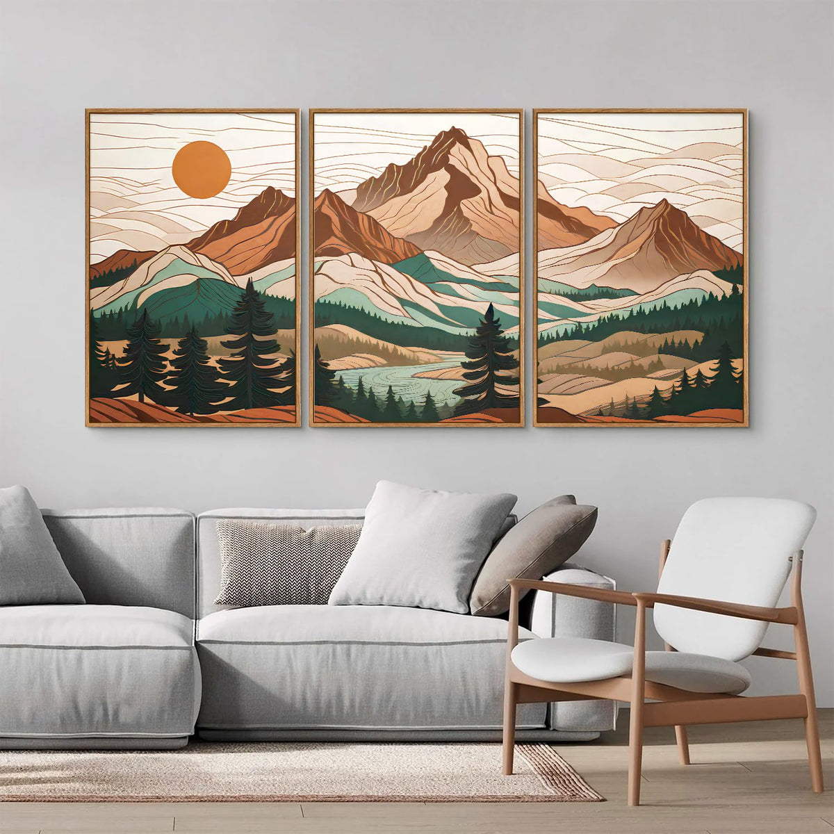 Mountain Framed Canvas Wall Art Set of 3 (Sunrise Forest Woodland Landscape / 24"L x 16"W)