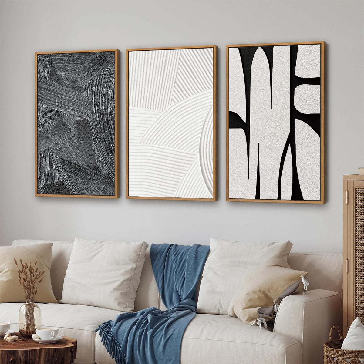 Black and White Framed Canvas Wall Art Set (Geometric Brushstroke / 36"L x 24"W)