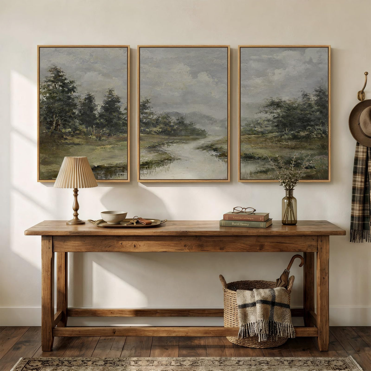 3 Piece Large Framed Vintage Landscape Wall Art for Living Room (Green and Gray / 24" W x 36" H x 3Pcs)