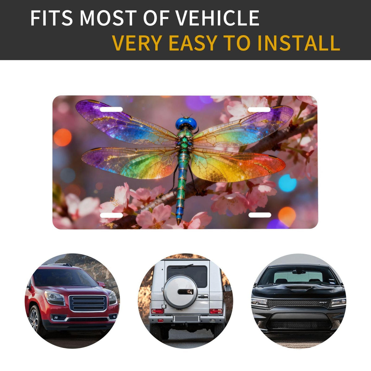 Colorful Dragonfly Plum Blossom Pink Flower Front License Plate Aluminum Decorative License Plates Metal Car Plate 6"X12" Novelty Vanity Tag Cover with 4 Holes Car Decor Accessory (White / 6 X 12 Inch)