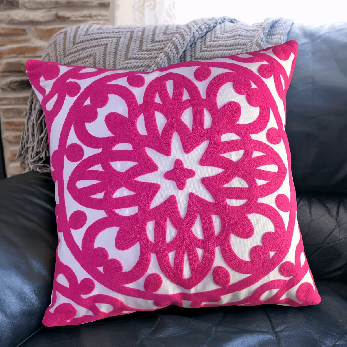 Embroidered Decorative Throw Pillow Cover 20"x 20" (Vivid Hot Pink / 20" x 20" (Pack of 1))