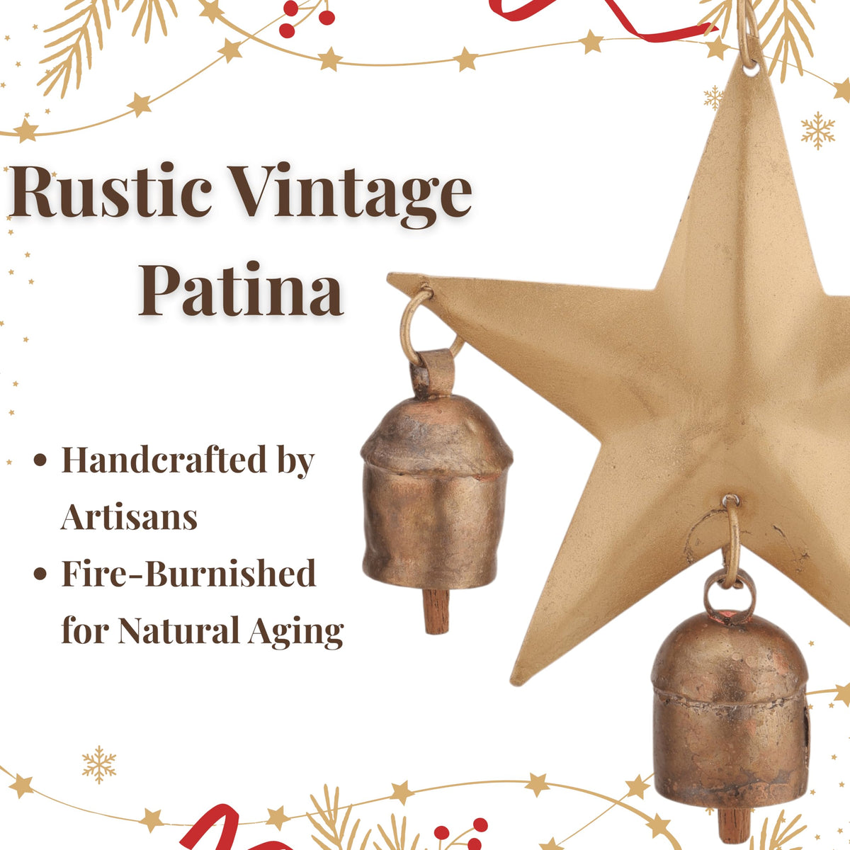 Wind Chime for Outside with 3 Rustic Cow Bells (Golden Star Chime)