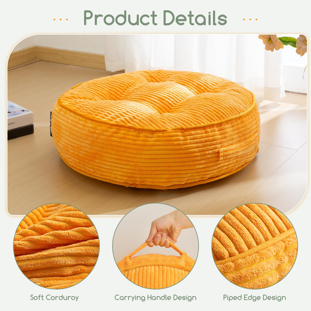6" Extra Thick Floor Pillow Cushion for Adults (Round Orange / 6" Thick(Pack of 1))