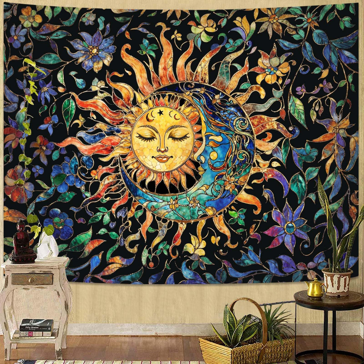 Sun and Moon Tapestry for Bedroom Boho Hippie Floral Wall Tapestry Aesthetic Vintage Stained Glass Plant Small Tapestries Wall Hanging for Living Room Dorm 48 x 36 Inch (Stained Glass Orange / 48"L x 36"W)