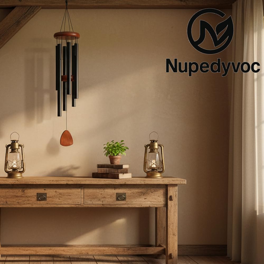 35” Large Black Aluminum Wind Chimes with Brown Wooden Cap for Outside (Black Aluminum Wind Chimes With Brown Wooden Cap)