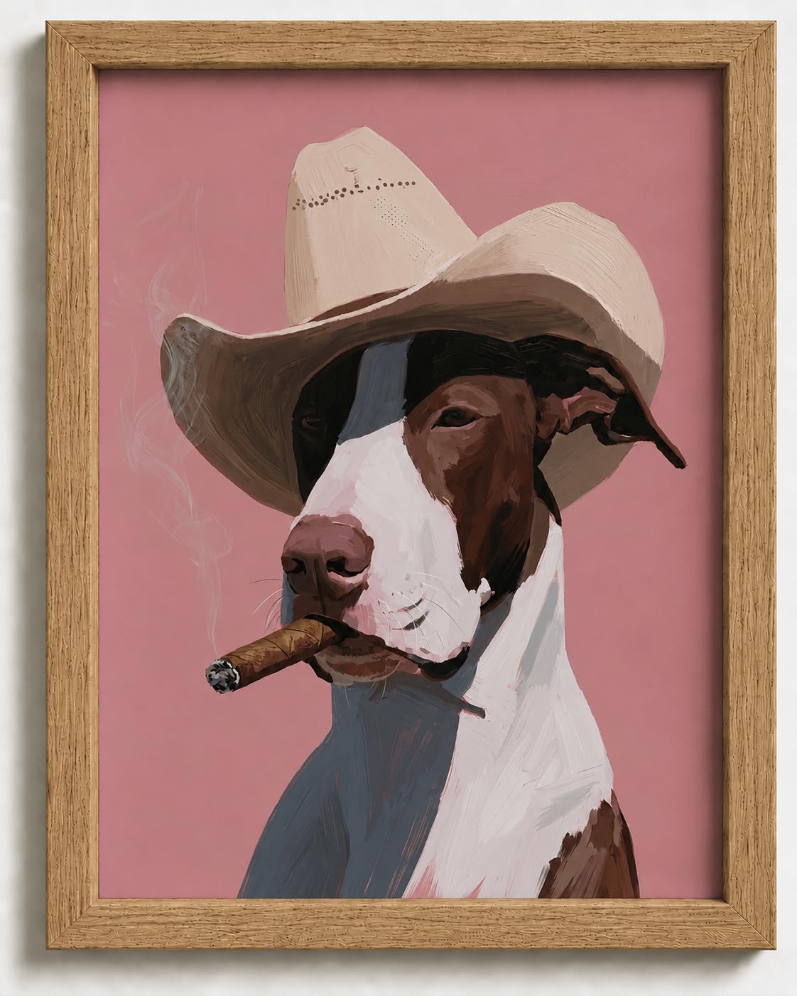 Vintage Cowboy Bull Terrier Framed Wall Art Funny Western Dog Decor (Smoking dog / 24"L x 16"W)