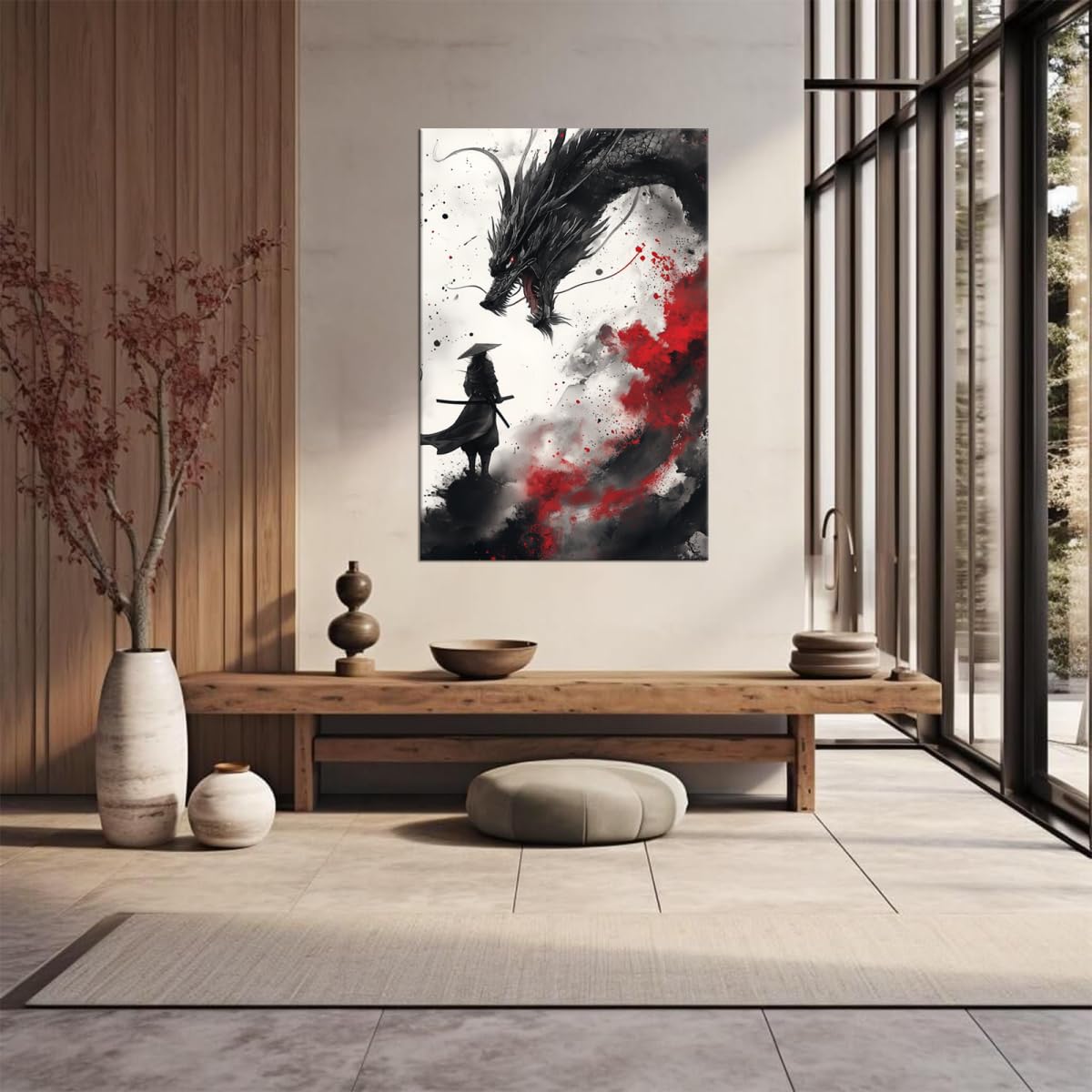 Ink Wash Samurai & Black Dragon Canvas Wall Art (12"L x 16"W / Samurai9)