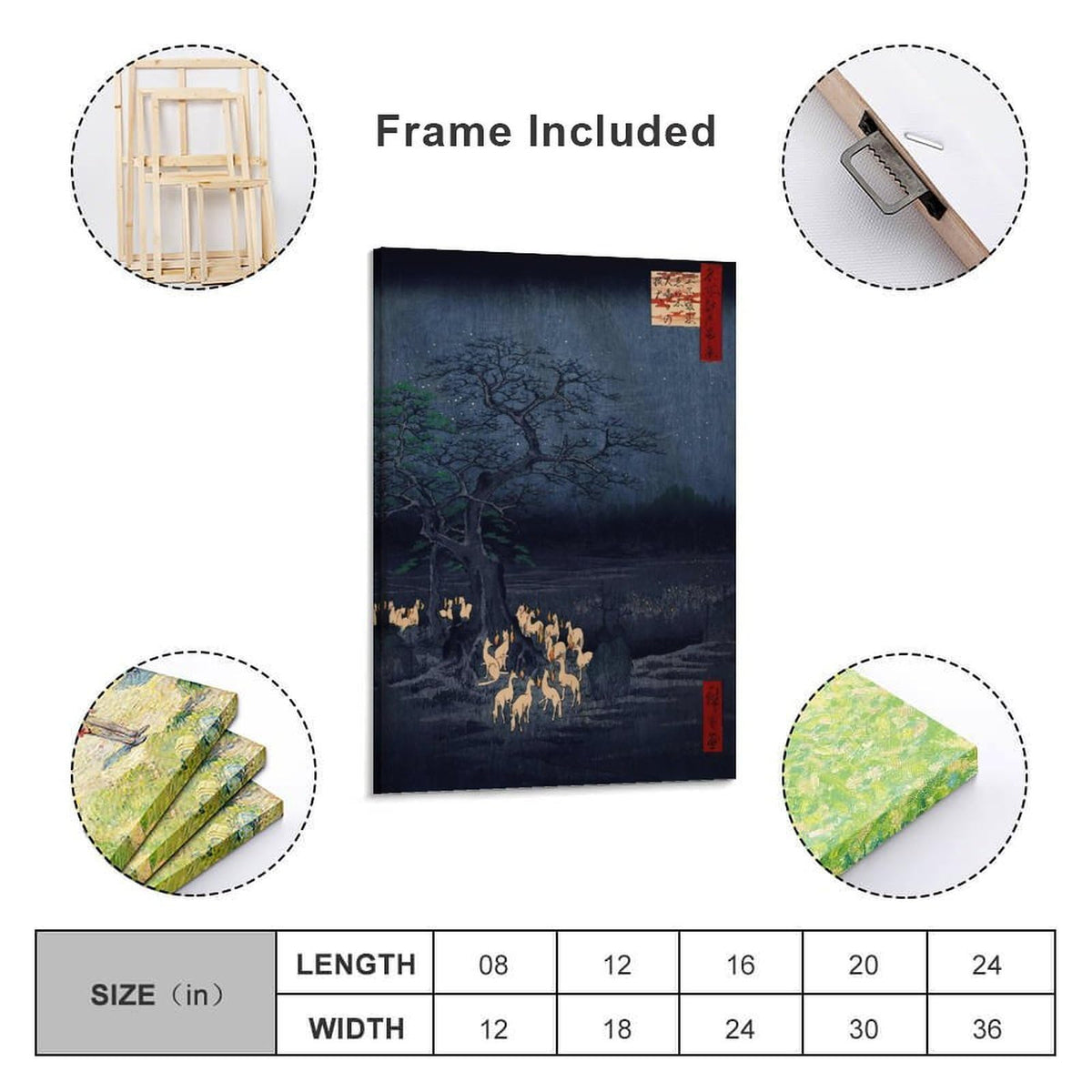 Hiroshige Foxfires At The Changing Tree Canvas Printing Wall Art Prints Wall Decor Posters Japanese Ukiyoe Night Landscape Vintage Folklore Style for Living Room Bedroom Office 08x12inch (style-7 / 08x12inch(20x30cm) Frame)