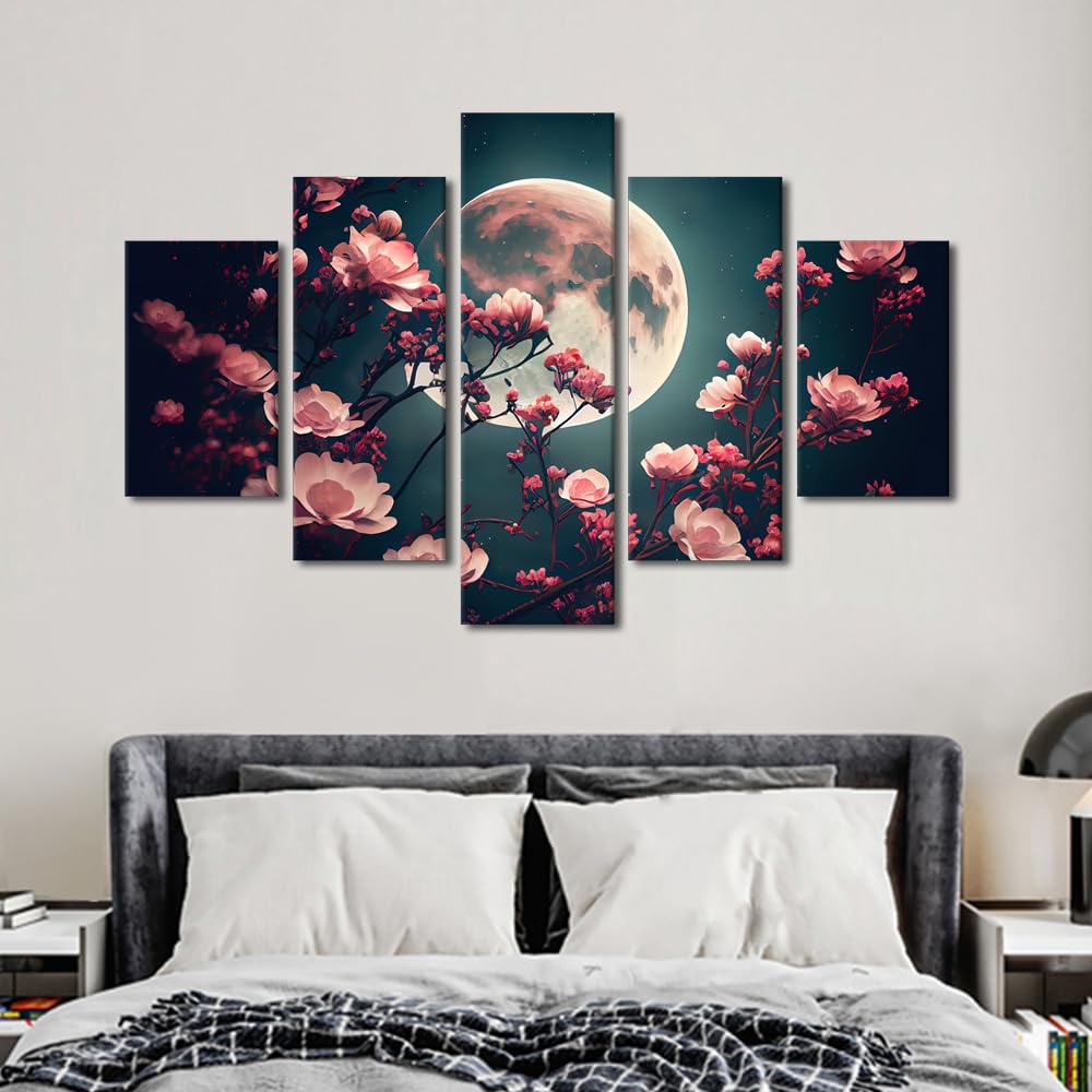 Canvas Wall Art Premium Night Blooming Flowers With Full Moon Landscape Printed Art Five Panel Framed Painting Housewarming Gift Contemporary Wall Decor Ready To Hang 60" Wx40 H‌ (60''Wx40''H / Artwork-02)