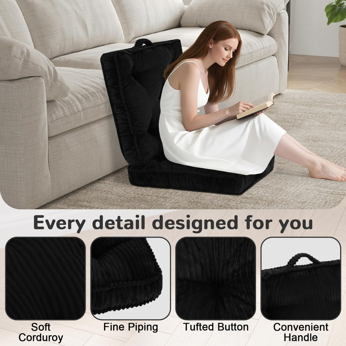 Floor Pillow Set of 2 (Black / 22x22x4 inch)