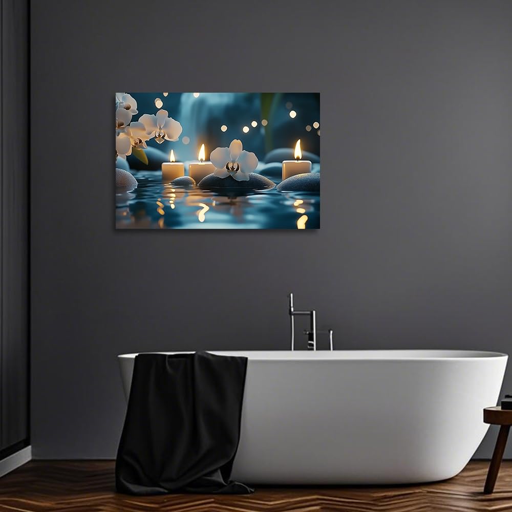 YMXHUANSH SPA Wall Art Decor Candles Canvas Print Orchids & Stones Zen Bathroom Artwork for Yoga Room Bedroom Massage Studio 24x36inch (Blue / 24"x36")