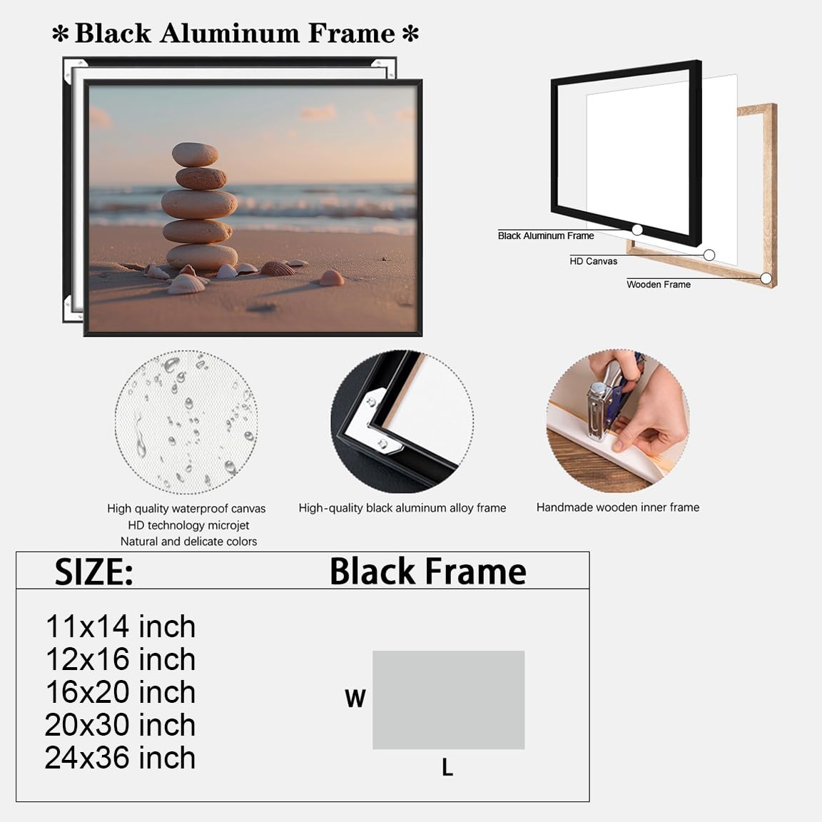 Zen Beach Stones and Shells Wall Art (Black Aluminum Frame-5 / 20"L x 30"W)