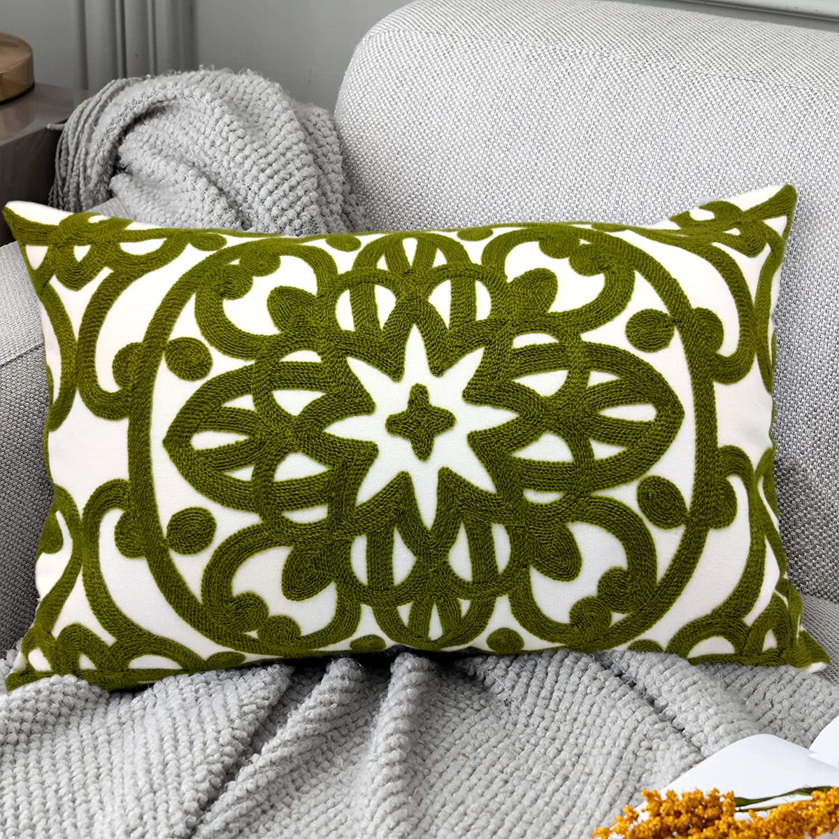 Embroidered Lumbar Throw Pillow Cover 12"x 20" (Olive Green / 20" x 12" (Pack of 1))