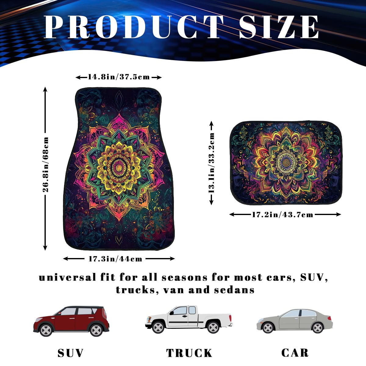 Mandala Car Floor Mats Set of 4 Vintage Vibrant Color Psychedelic Art Carpet Front Rear Carpets Mat Non (26.8"L x 17.3"W x 0.4"Th / Mandala)