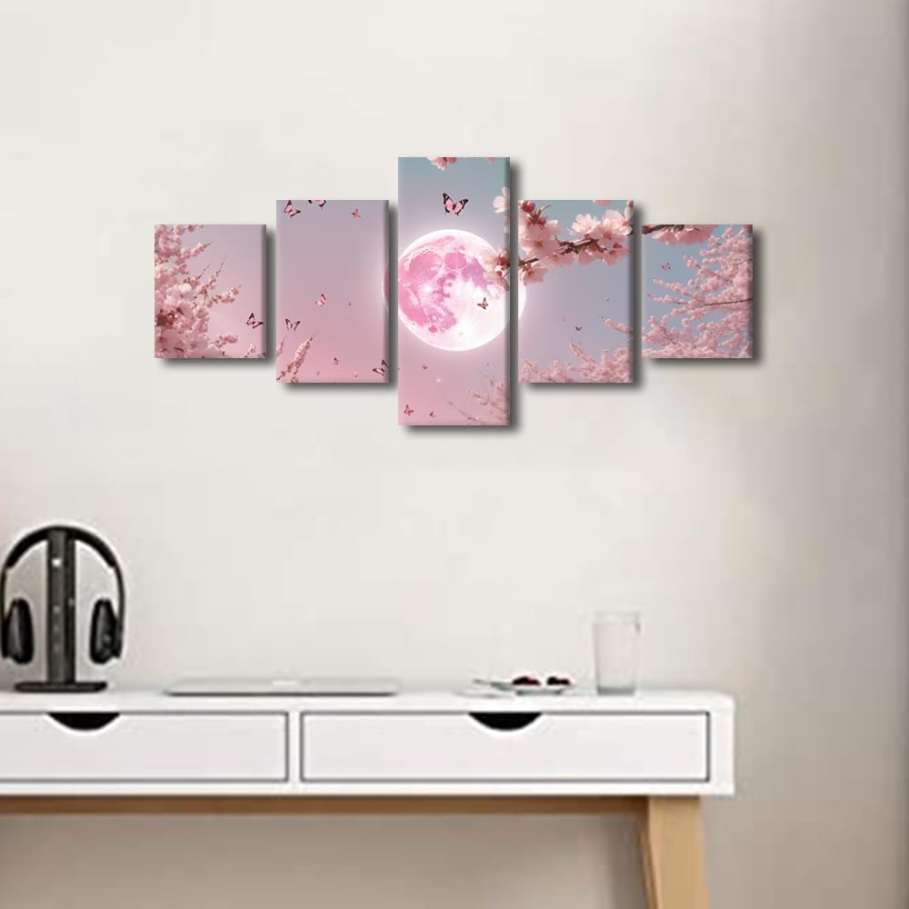 Canvas Wall Art Serene Moonlight Through Sakura Branches Five Panel Framed Painting Japanese Inspired Decor Zen Meditation Wall Art Asian Style Home Decor Ready To Hang 50"Wx24"H‌ (50''Wx24''H / Artwork-10)