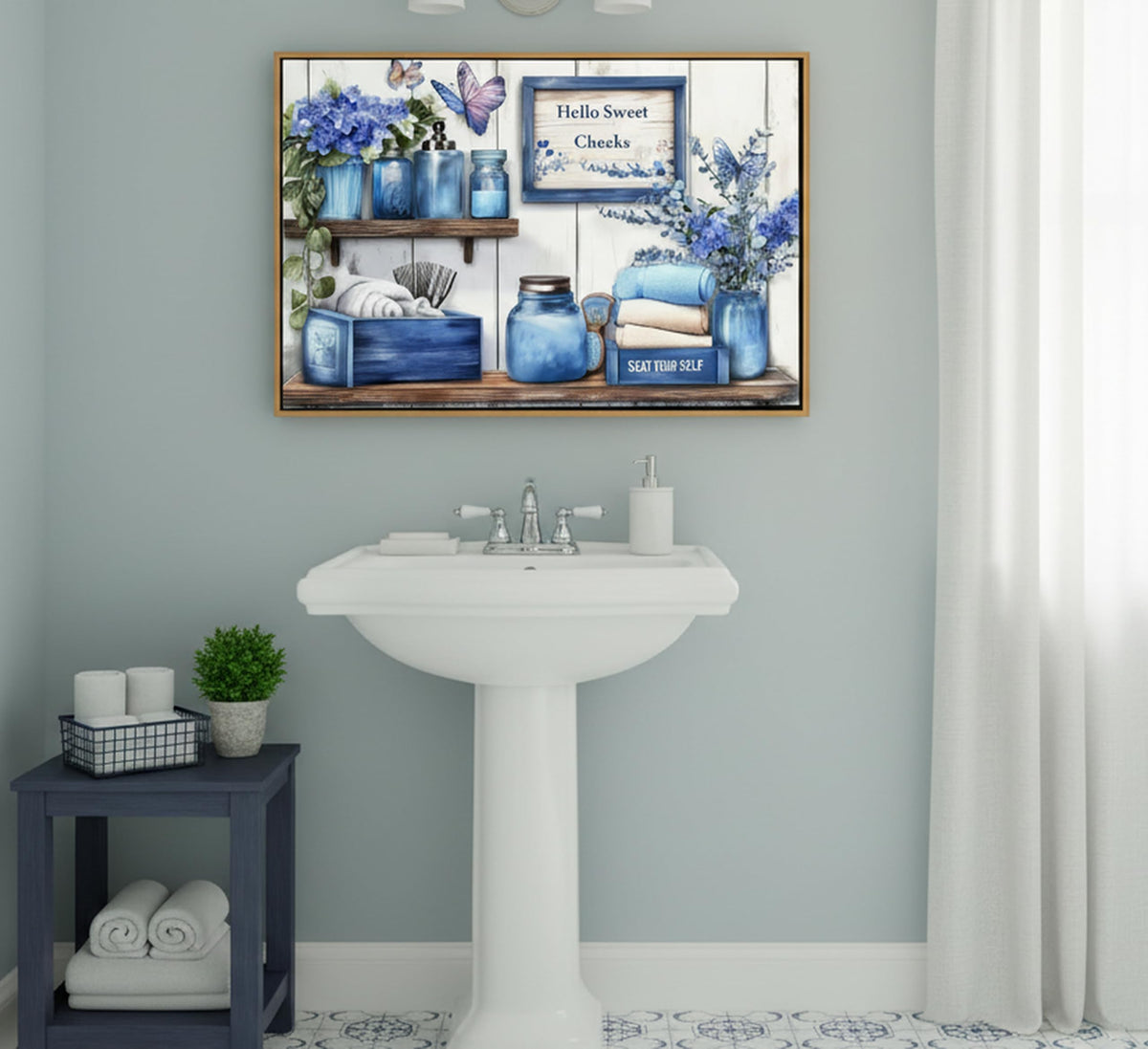 Framed Navy Blue Bathroom Canvas Wall Art 12x16Inches (Blue Framed / 16"L x 12"W)