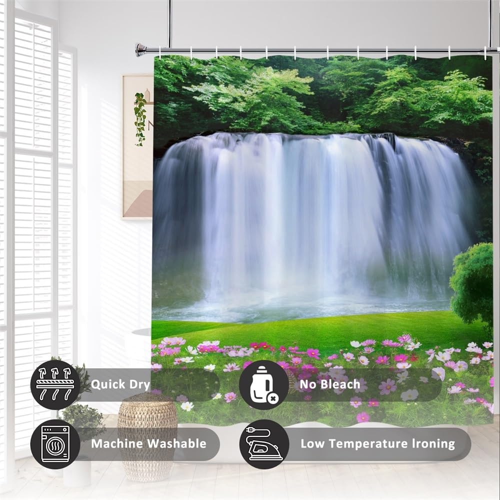 Spring Scenery Shower Curtain Set Decor Forest View Magnificent Waterfall Landscape Natural Scecery Green Leaves Grass Pink Floral Bath Curtain for Bathroom Decor with Hooks (72"W x 72"L (Pack of 1) / Green03)
