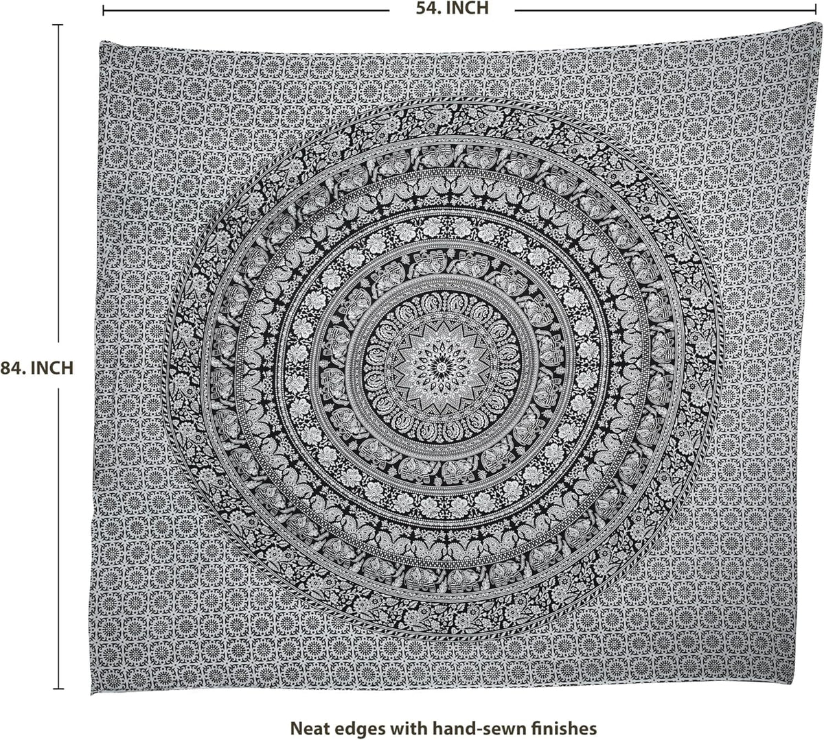 Cotton Mandala Tapestry (Black and White / 54"L x 84"W)