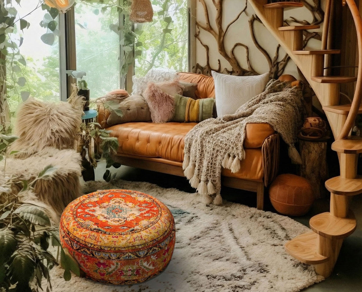 Colorful Pouf Cover Orange Round Orange Floor Pillow Seating Area Stool Boho Room Décor Accent Furniture Cotton 24x8 (24x8 Cover Only / Orange)