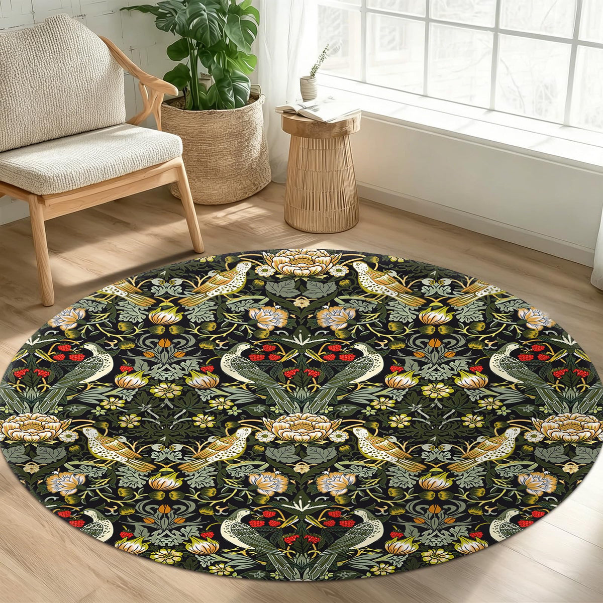 Floral Round Area Rug 5ft Machine Washable Non (Daily-william Morris / 5' (Round))