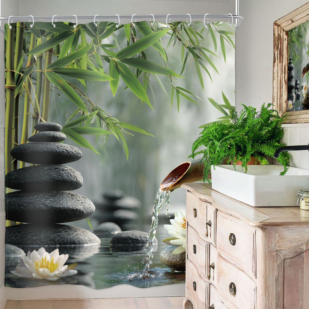 Zen Stone Meditation Shower Curtain Green Bamboo 60Wx72H Inch Decor (Zen02 / 60"W x 72"L (Pack of 1))