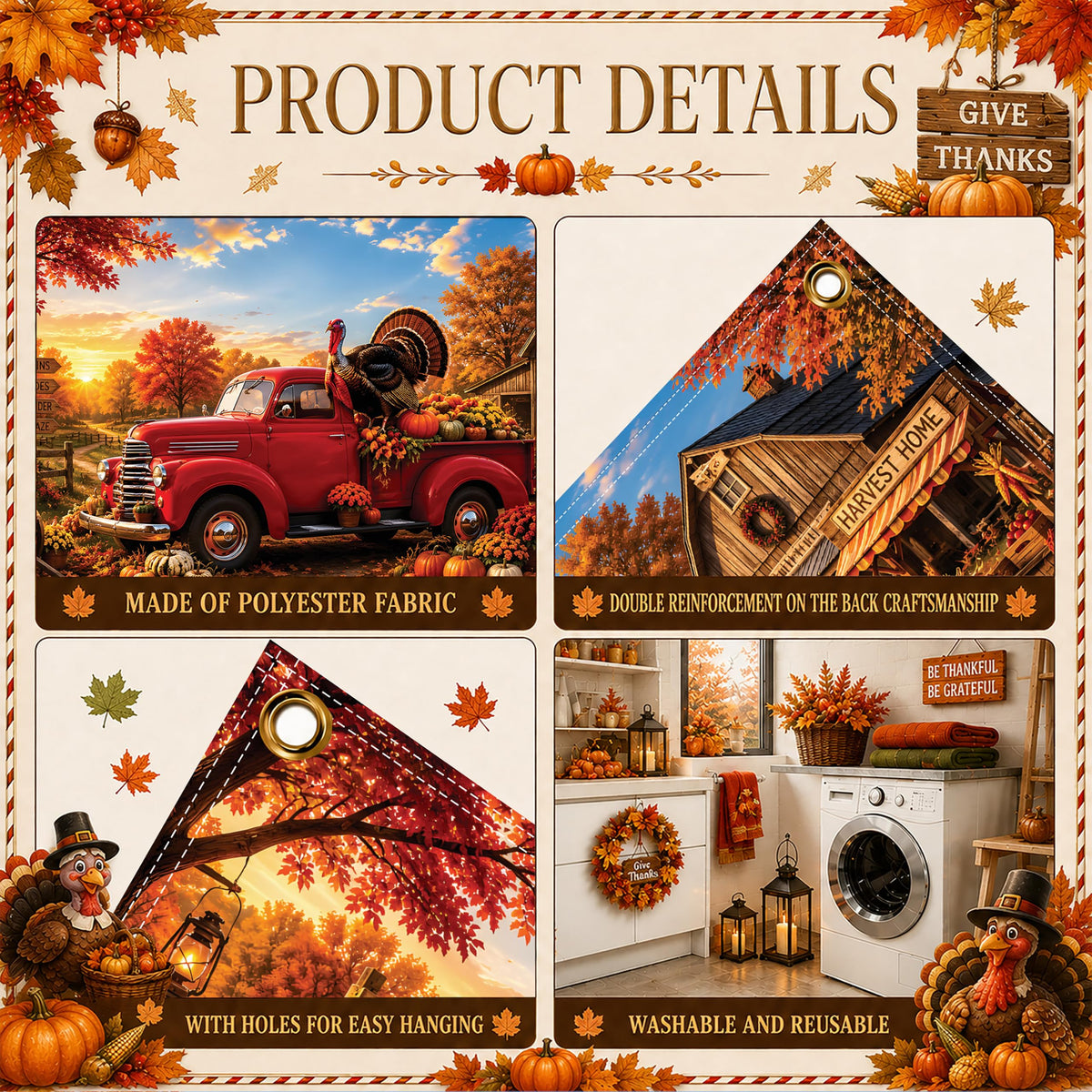 Thanksgiving Garage Door Banner Red Truck 6x13FT Fall Harvest Backdrop (A-Thanksgiving Turkey)