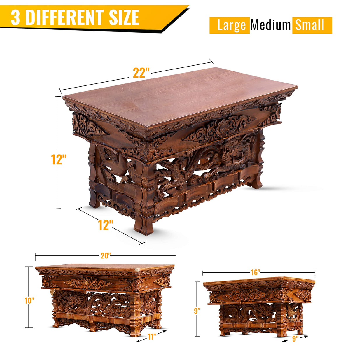 Solid Indian Elm Wood Hand Carved Shrine Altar Meditation Table (Small / Dark)