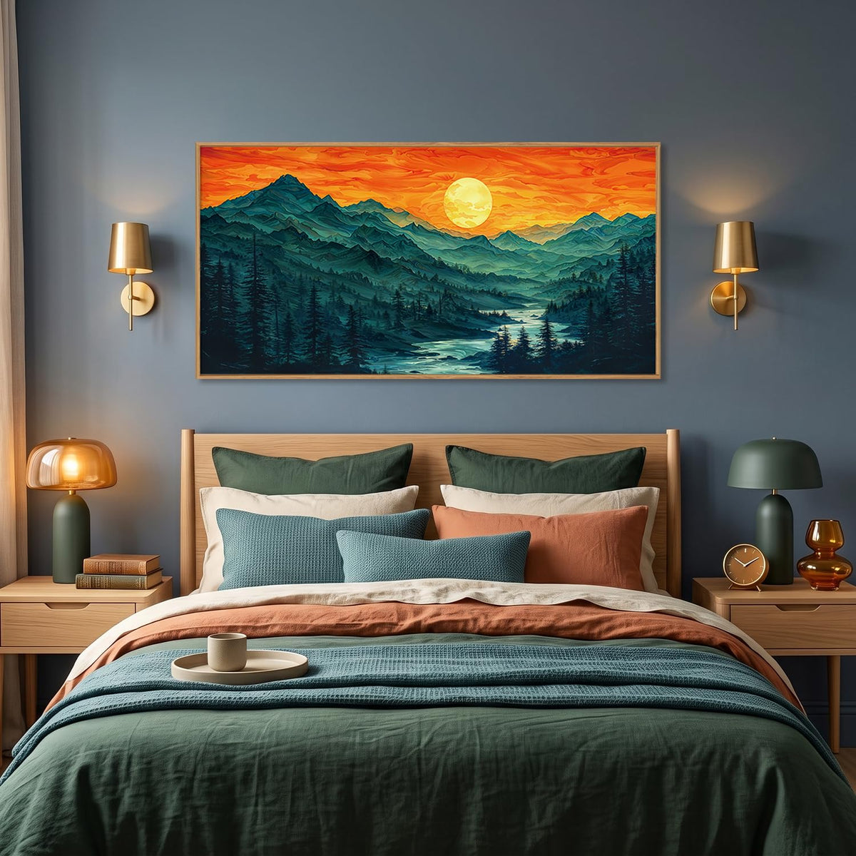 Boho Mountain Sunset Landscape Framed Canvas Wall Art (Woodland Wall Art / 40"L x 20"W)